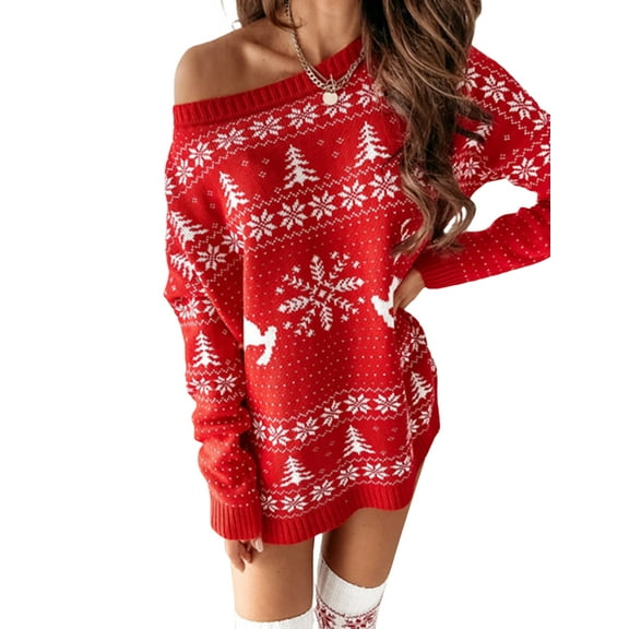 Women Christmas Knitted Dress Elk Snowflake Xmas Print Pullover Long Sleeve Woolen Loose Sweater Short Skirt Autumn Winter