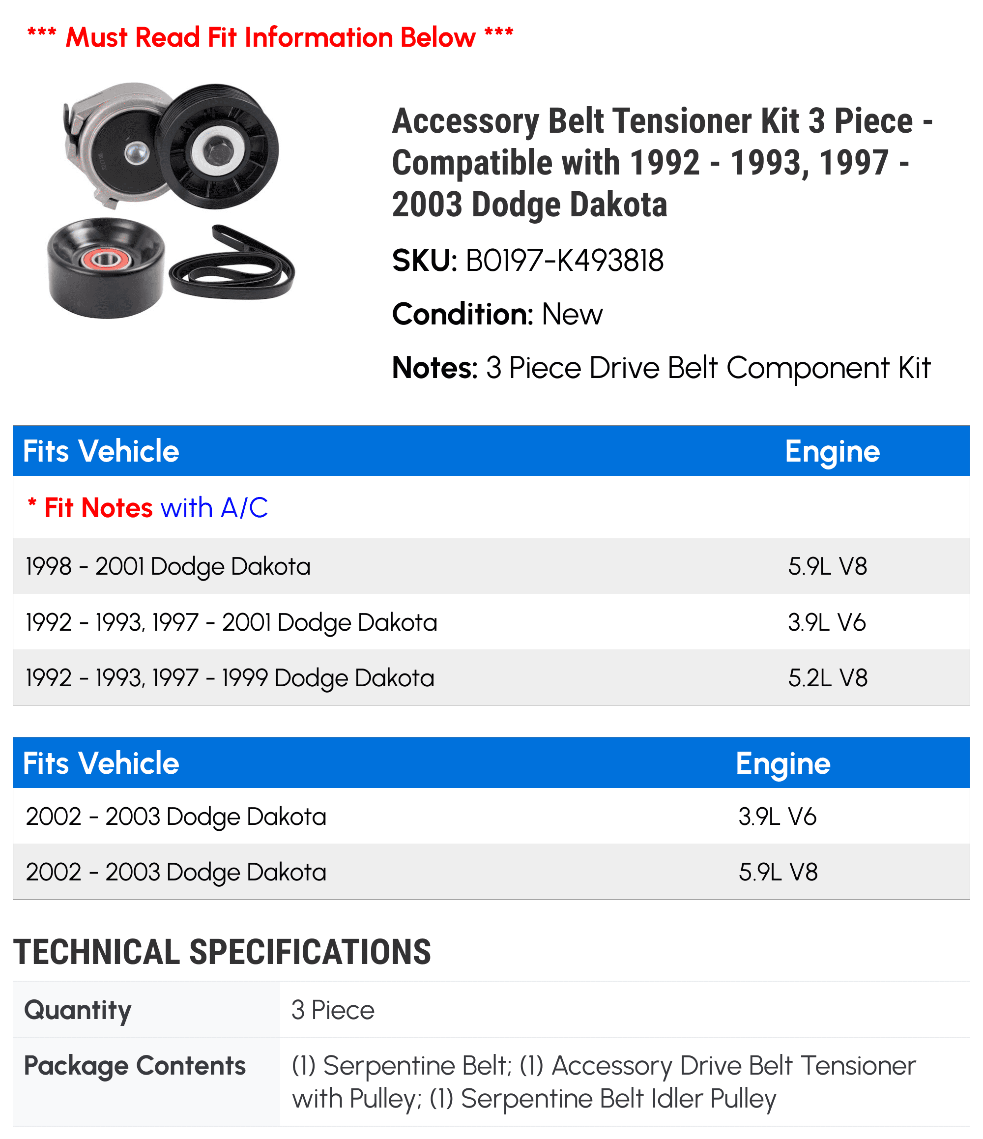 Accessory Belt Tensioner Kit 3 Piece - Compatible with 1992 - 1993, 1997 - 2003 Dodge Dakota 1998 1999 2000 2001 2002