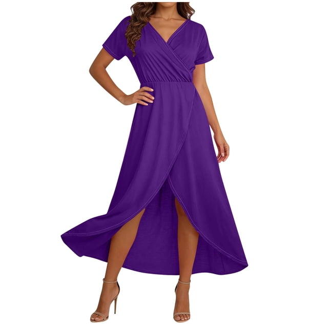 Kyusrd Robe d'Été pour Femmes Robe Maxi Robe Trapèze Robe Portefeuille à Col en V à Manches Courtes pour Femmes avec Fente Haute Plusieurs Couleurs