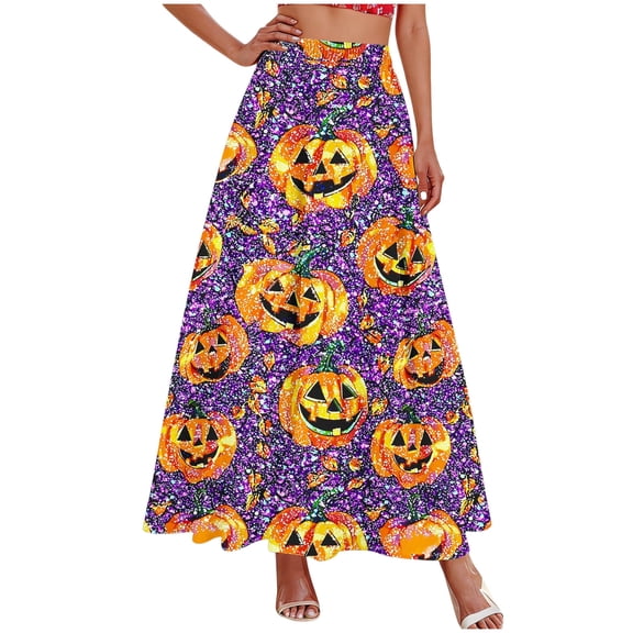 Zynoxe Women's Halloween Print Maxi Skirt Ruched Elastic High Waist Plus Size Linen Skirts Ghost Bat Pumpkin Festival Daily Street A-line Skirts Navy S