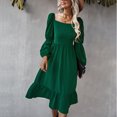 thumbnail image 3 of Vestido verde con escote cuadrado y mangas farol, espalda elástica, detalle de volante, corte A, estilo casual fluido, talla M, 3 of 6