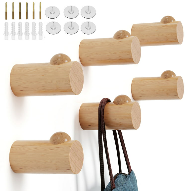 Naumoo Natural Wooden Wall Mounted Hooks - Pack of 4 - Modern - Handmade Decorative Wood Pegs Minimalist for Hanging Hat, Coats