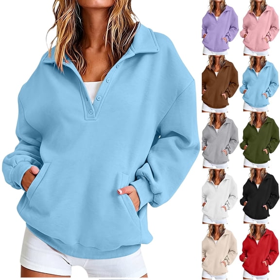 Akmaiox Womens Oversized Sweatshirts Half Button Lapel Pullover Elastic cuffs Fashion Hoodies Loungewear Clothes with Pockets S‑2XL