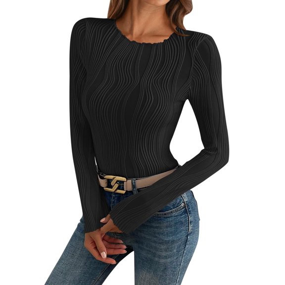 Black Basic Long Sleeve Tops for Women Turtleneck Stretch Slim Fitted Crew Neck Crop Top Shirt Pullover Tops Classic Fall Pullover Shirts Tight Tee