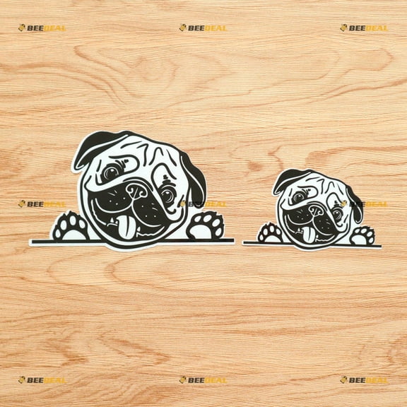 Peeking Pug Dog Tilted Head Car Truck Rear Windshield Sticker Decal Vinyl - 2 Pack Reflective, 4 Inches, 6 Inches White Background