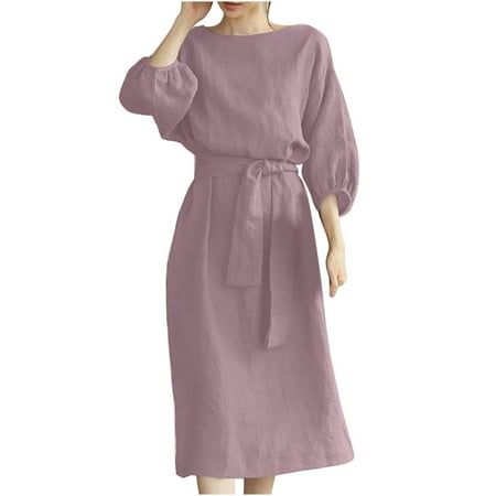 Ygbgbb Womens Plus Size Summer Dresses Maxi Dress Puff Sleeve Dresses Round Neck Bow Tie Waist Pleated Swing Casual Dresses Solid Color Pink XL