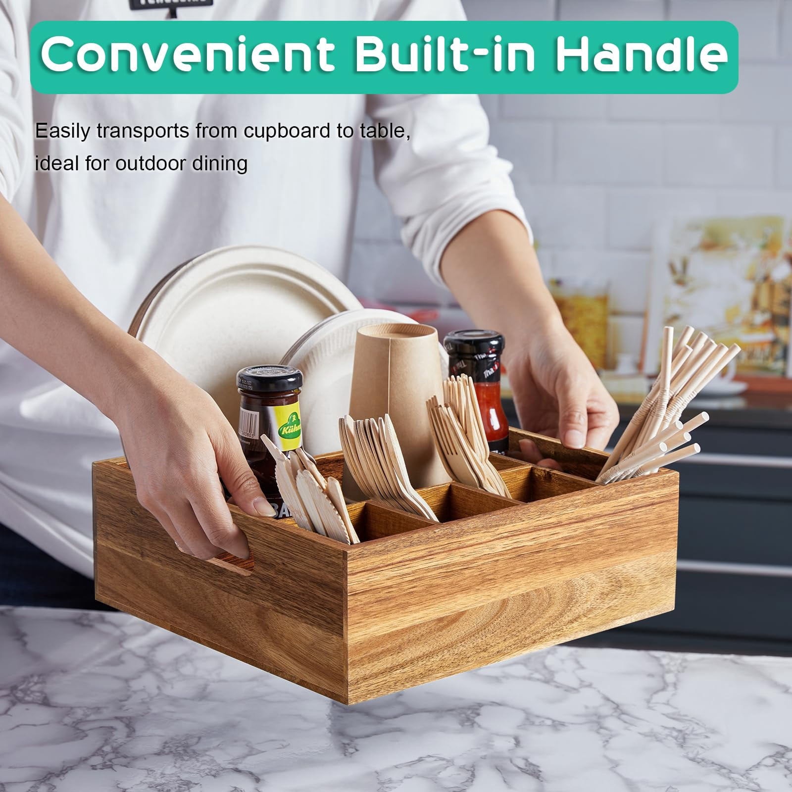 Emlimny Acacia Wood Utensil Holder,Paper Plate Organizer for Countertop,Rustic Utensil Caddy with 6 Compartments for Plate, Cup, Fork, Spoon - Cutlery Holder for Kitchen Camping Buffet