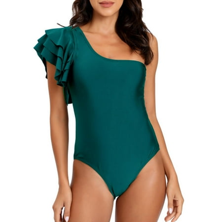 

Leutsin Bodysuit for Women Tummy Control Shapewear Seamless Women s Swimsuit Solid Color Sexy One-piece One-shoulder Peplum Conservative Tight Swimsuit