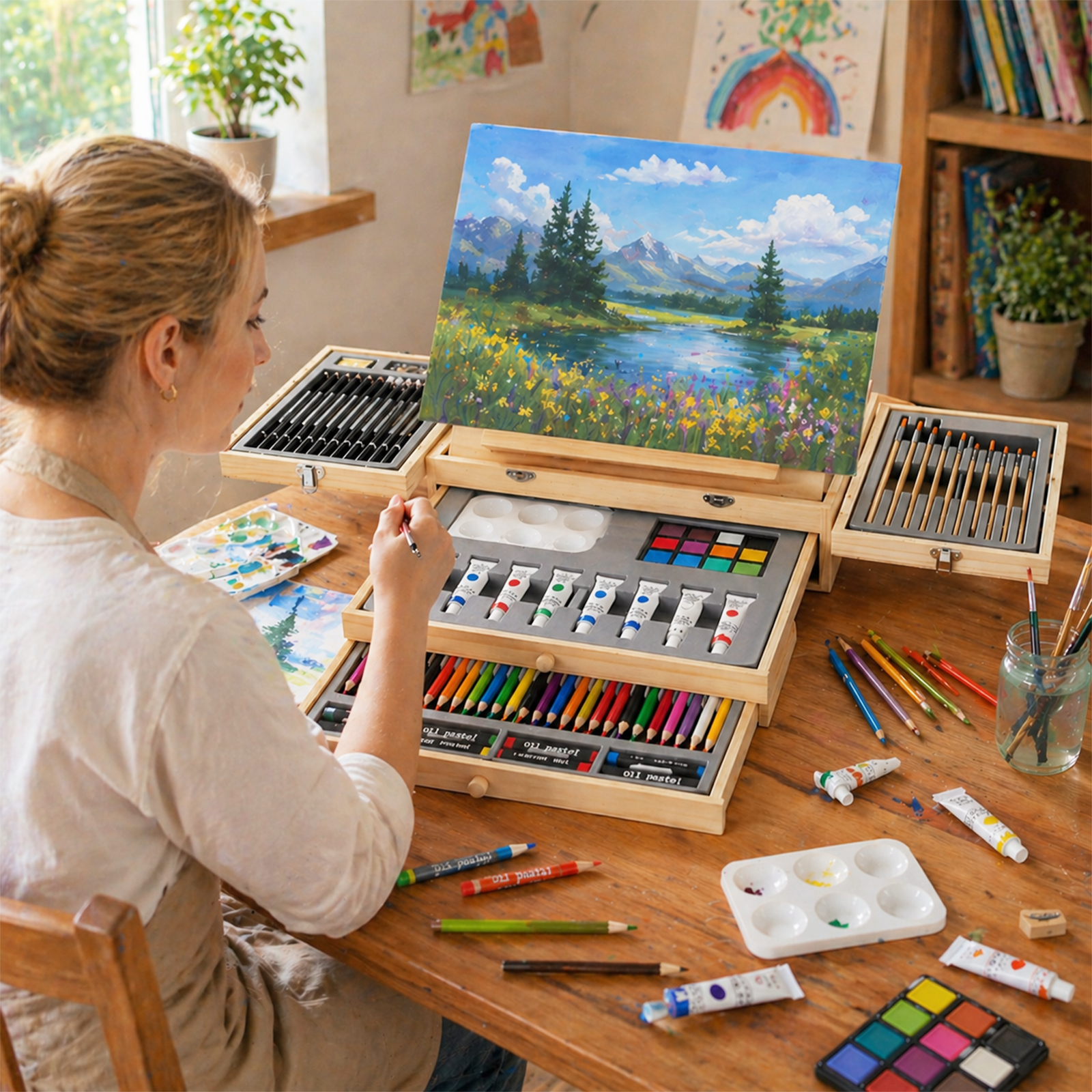 TAVOLOZZA 96PCS Wood Easel Art Set, Complete Drawing & Painting Kit with Paints, Pencils & Brushes