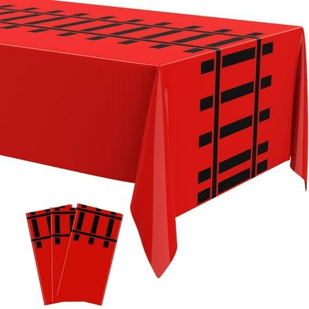 Teenyyou 3 Pcs CORNET Train Party Decorations Railroad Track Tablecloths Train Birthday Party Supplies 54 x 108 Inch Plastic Table Covers for Railroad Track Western Theme Birthday (Red)