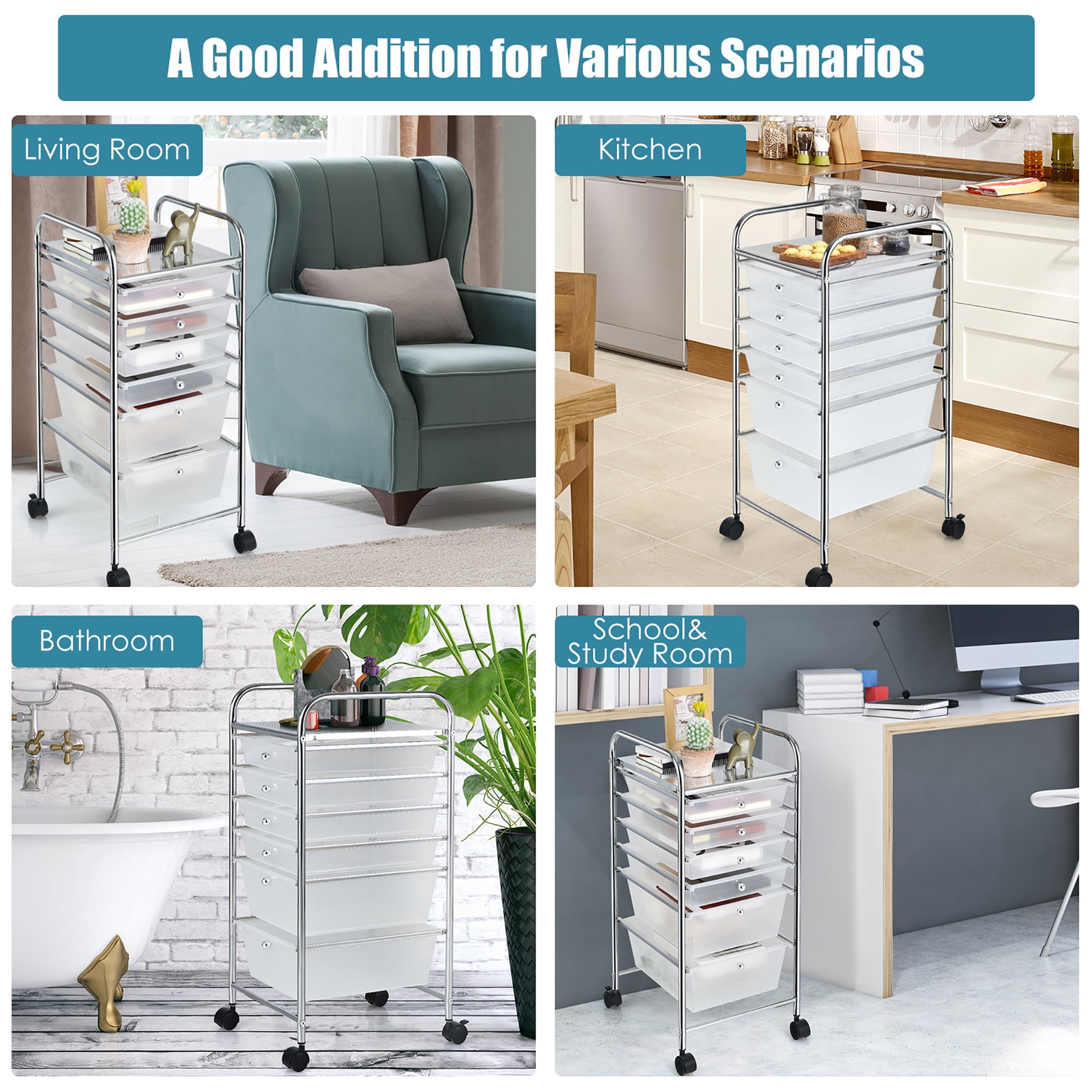 Costway 6 Drawer Rolling Storage Cart Scrapbook Paper Office Organizer Clear
