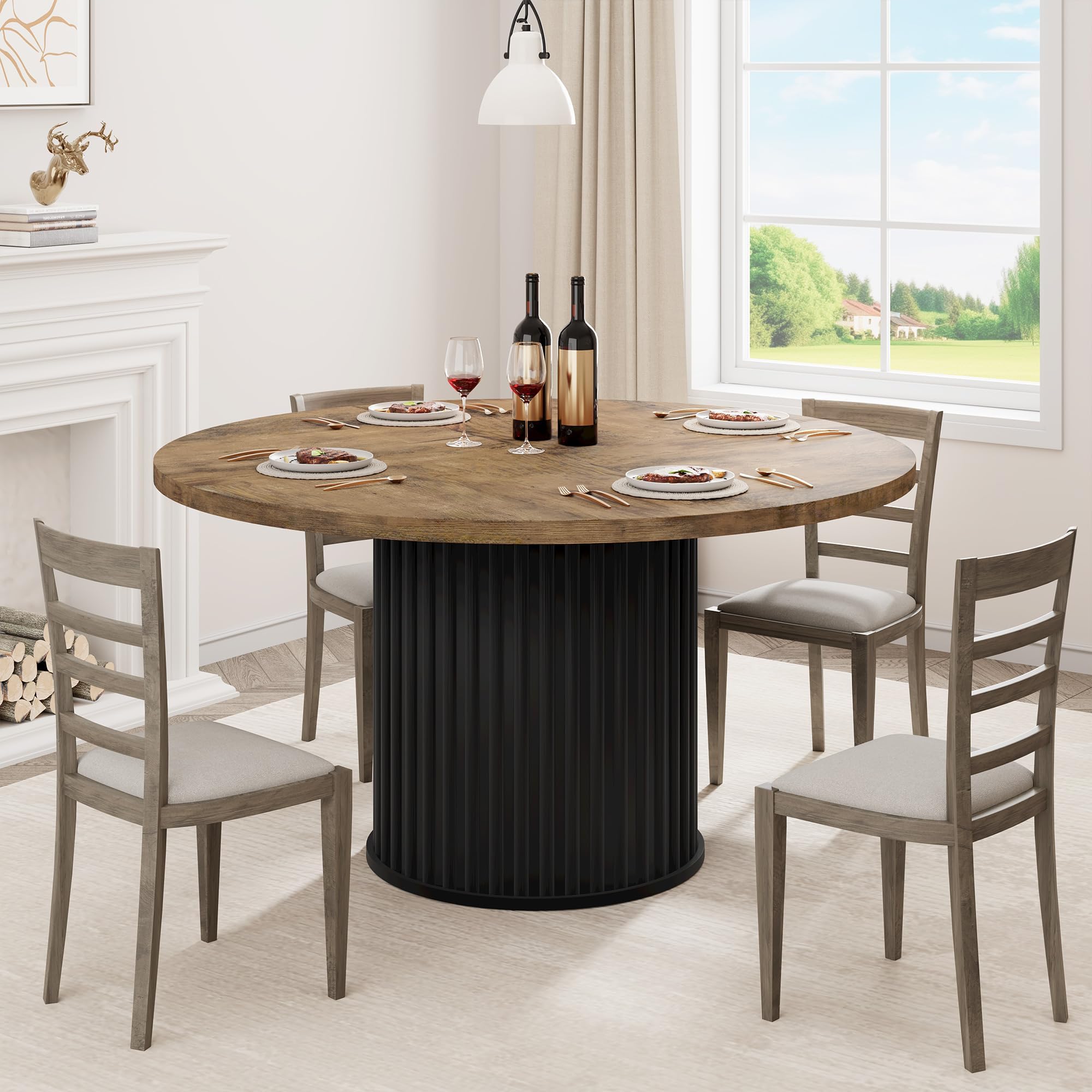 Round Dining Table for 4-6 People, 47‘’ Modern Kitchen Table with Fluted Metal Pedestal Base, Circle Dinner Furniture