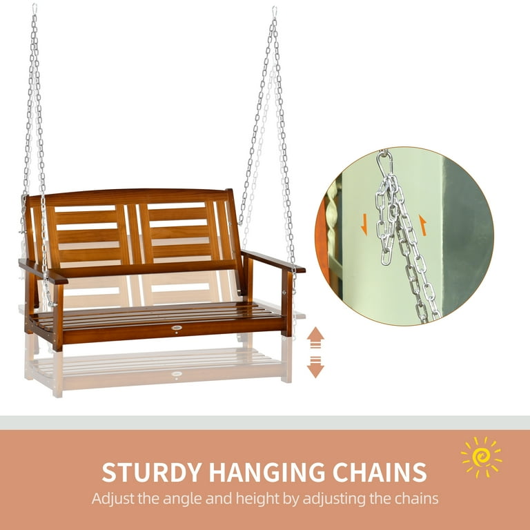 Outsunny 2 Person Front Porch Swing Hanging Patio Swing Outdoor Swing Bench with Pine Wood Frame and Hanging Chains for Garden and Yard 550 lbs