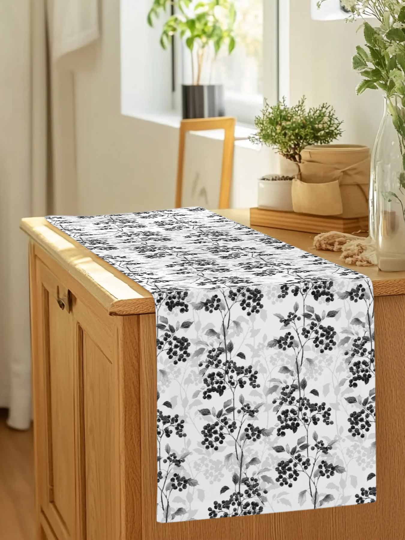 Black-gray Fruit Leaves on White Table Runner 90 Inches Long, Vintage Botanical Table Runners Tabletop Scarf Kitchen Dining Tables Decoration for Home Party Indoor Outdoor