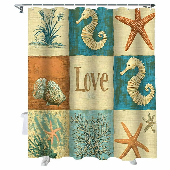 Shower Curtains Cartoon Seahorse Starfish Bath Curtain Ocean Fish Seaweed Waterproof Bathroom Shower Curtain Set with Hooks Decoration 36 x 72 Inches