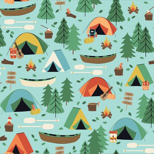 Camping Tent Canoe fabric, Camping Crew Campground cotton fabric, QTR