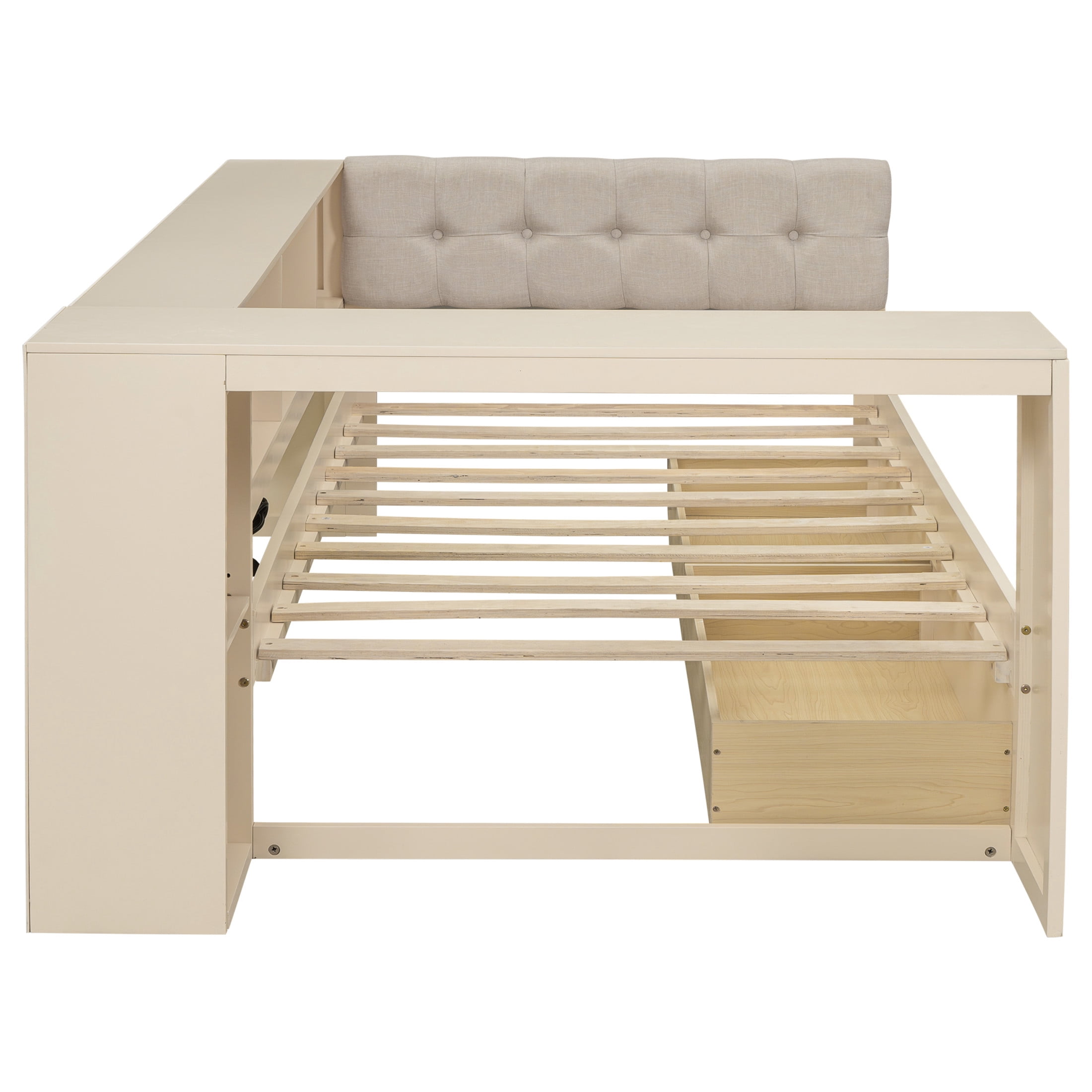Noble House Udolf Twin Platform Bed with Upholstered Headboard, Storage Shelves and Drawers, Charging Station, Cream