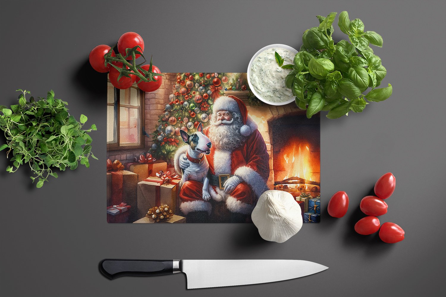 English Bull Terrier and Santa Claus Glass Cutting Board 12 in x 15 in