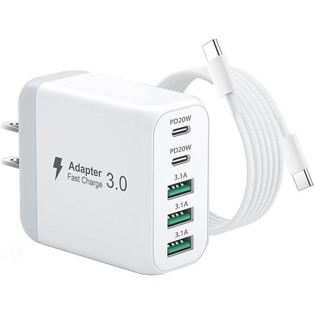 USB C Wall Charger Block, 50W 5-Port C Charger Fast Charging Block with 6ft Cable,PD Power Adapter +QC 3.0 Multiport Type C Box Brick Cube USB A Wall Plug for iPhone 16/15/14 Pro Max,iPad,Samsung