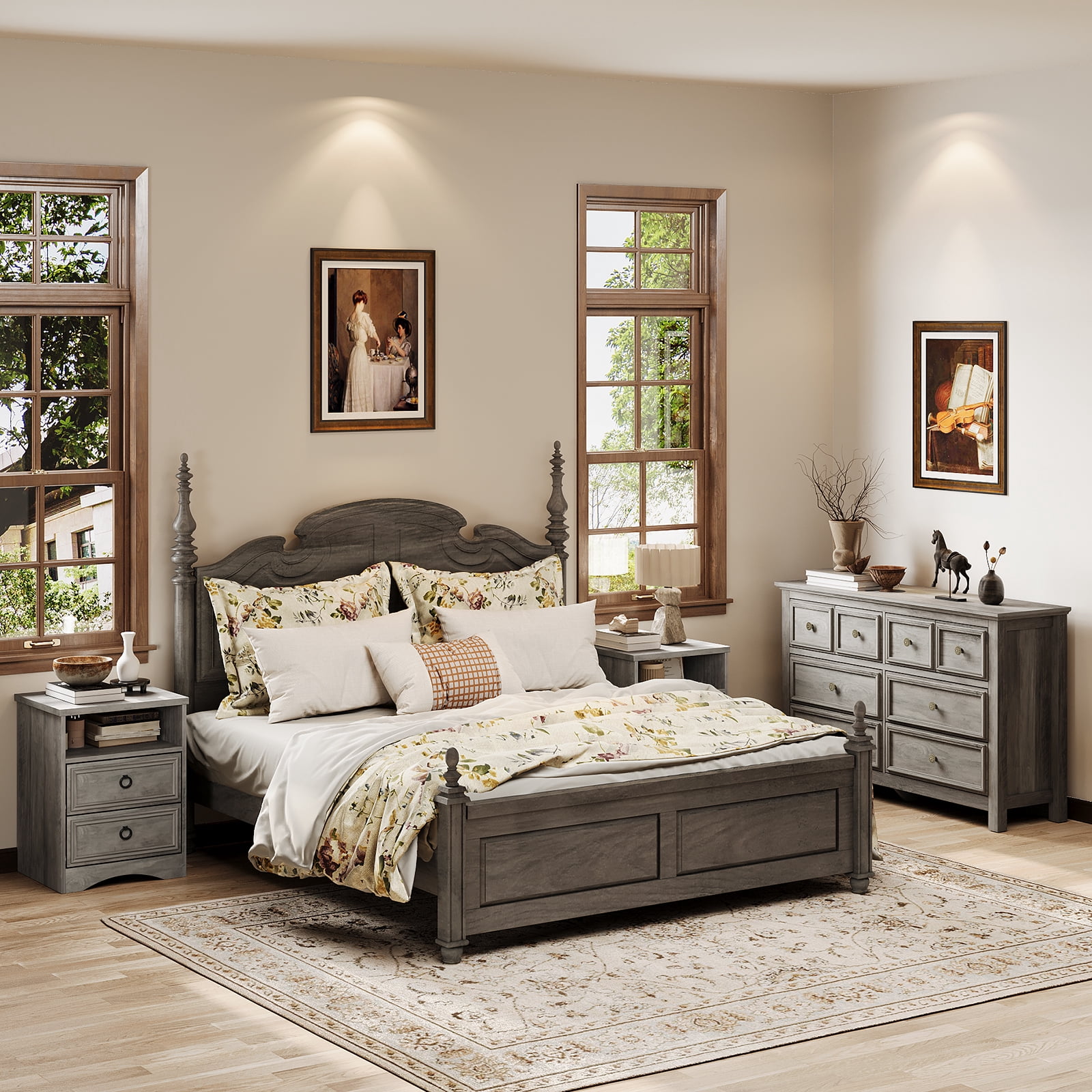 LGHM 3 Piece Bedroom Dresser Set, 8 Drawer Dresser Farmhouse Long Chest of Drawers and 2 Drawers Nightstand set of 2, Gray