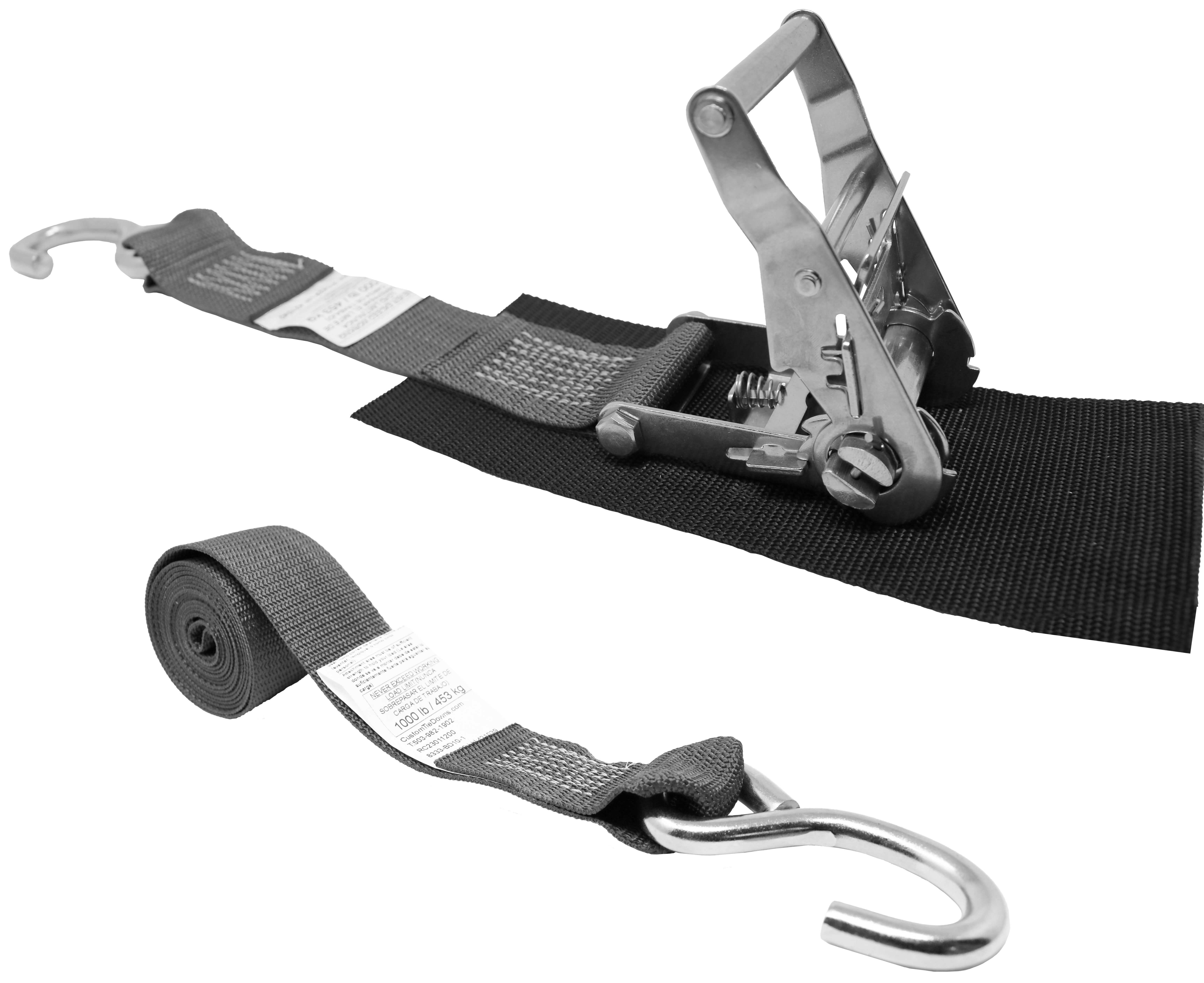 Strap Length 10 Ft Stainless Double J Hook Hook Facing Down Ratchet with Short Wide Handle CustomTieDowns 2 Inch Ratchet Tie Down Protective Pad Under Buckle Polyester Tie-Down Webbing.