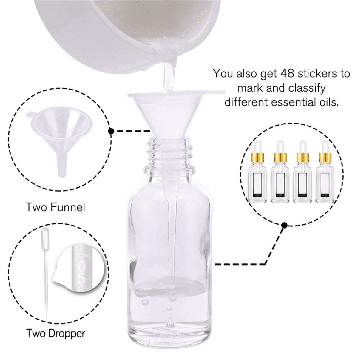 Glass Dropper Bottle 24 Pack Clear Glass Bottles Empty with 2 Funnels & 2 Long Pipettes, 30ml Eye Dropper