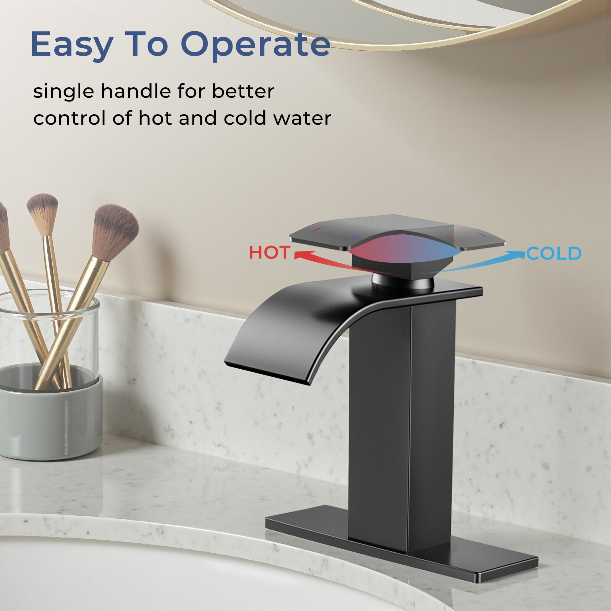TVOFEK Black Waterfall Bathroom Faucet 1 or 3 Hole, Single Handle Bathroom Sink Faucet with Deck and Pop-up Drain for Lavatory Washbasin
