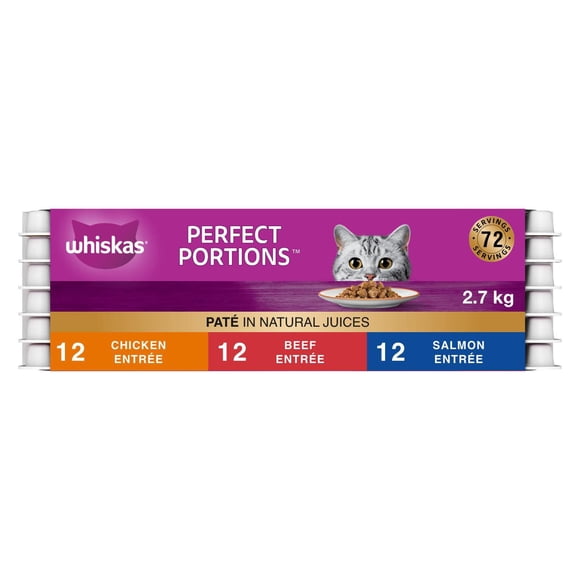 Nourriture humide pour chats adultes Whiskas Perfect Portions pâté – repas au poulet, repas au bœuf et repas au saumon