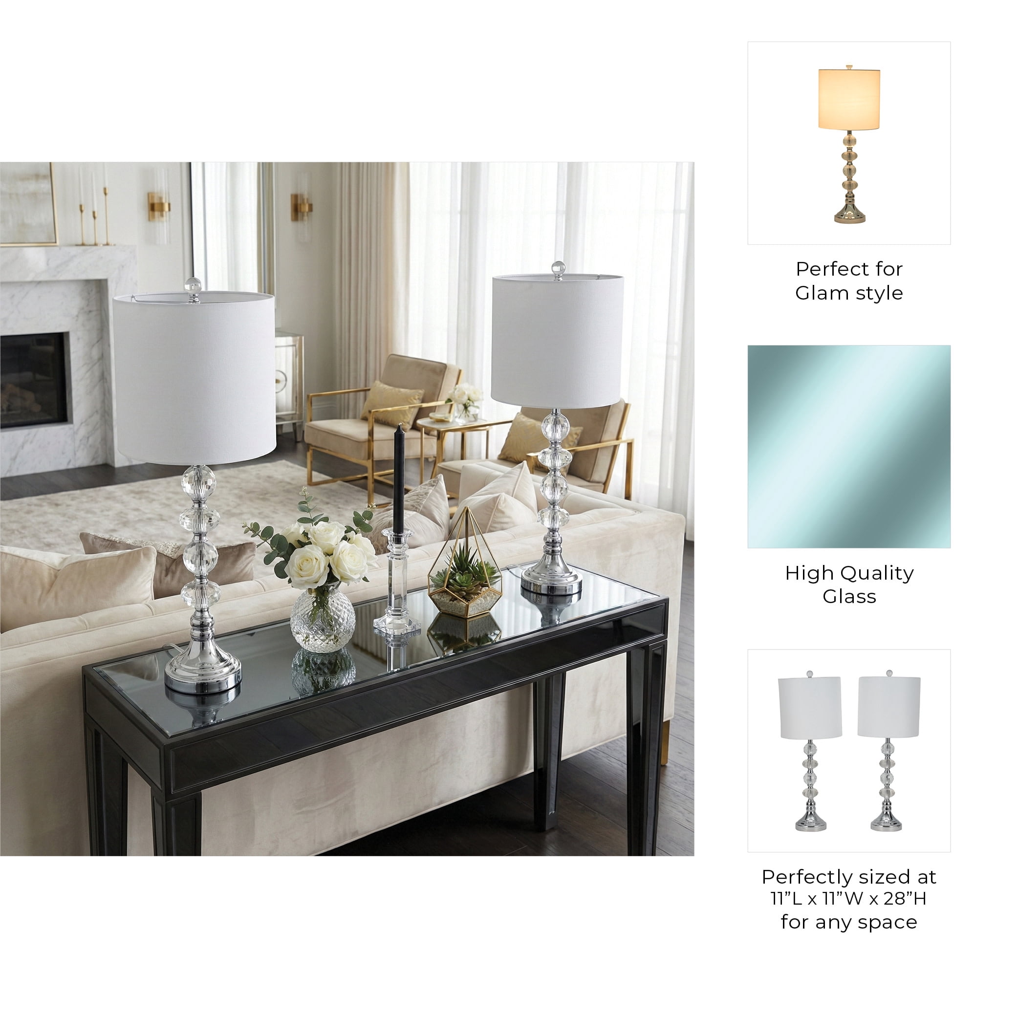Crystal Glass Table Lamps for Home and Bedroom Decor - Decorative Accent for Living Room, Nightstand, and Bedside - Indoor Lighting for Office and Study Desk - Set of 2, 28", Silver & Metallic