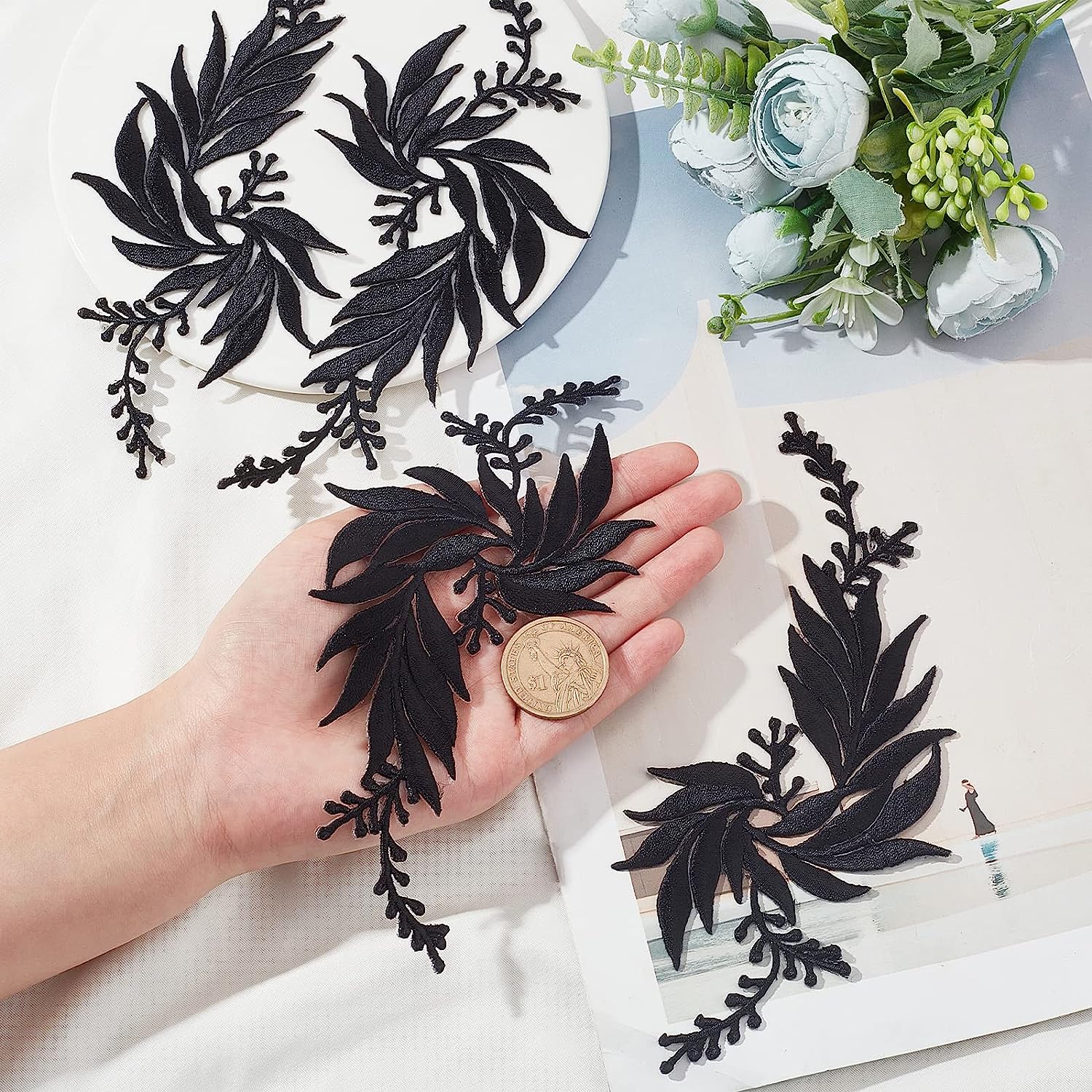 2Pairs 4PCS Leaf Iron Patches Big Embroidered Flowers Lace Applique Flowers Nature Patches Suitable - image 4 of 9