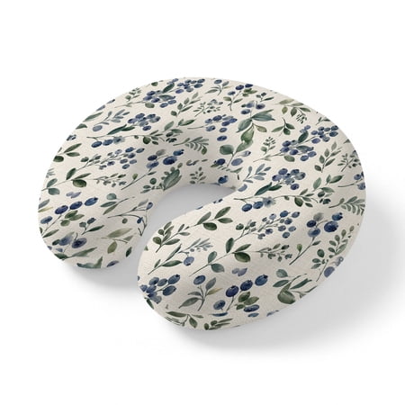 Neck Pillow Farmhouse Blue Berry Green Leaf Travel Pillow Memory Foam U Shaped Pillows Country Fruit Plant Retro Linen Travel Neck Pillows for Airplane Car Office Home Sleeping Rest