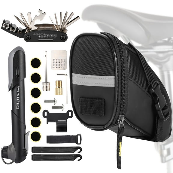 ECOLIVIZIT Bike Saddlebag Repair Kit and Tools - on the Go Bike Bag and Emergency Repair Kit with 16-in-1 Bike Multi-Tools, Bike Pump, Tire Levers, Glue-Free Tires, Bike Valve