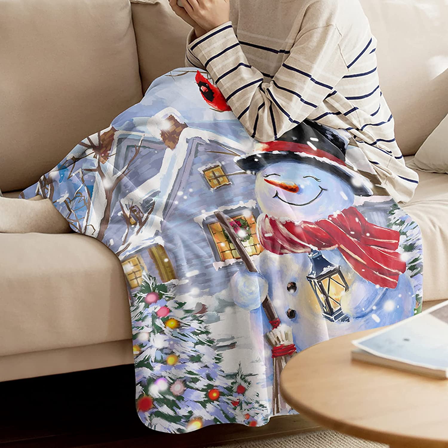 Ultra Soft Flannel Fleece Bed Blanket Happy Snowman and Cardinalis Winter Holiday Merry Christmas Throw Blanket All Season Warm Fuzzy Light Weight Cozy Plush Blankets for Living Room 40 x 50 inches