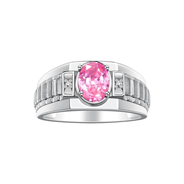 RYLOS Men's Rings 14K White Gold Ring Classic Designer Style 8X6MM Oval Gemstone & Diamond Ring Pink Ice Birthstone Rings For Men Size 8