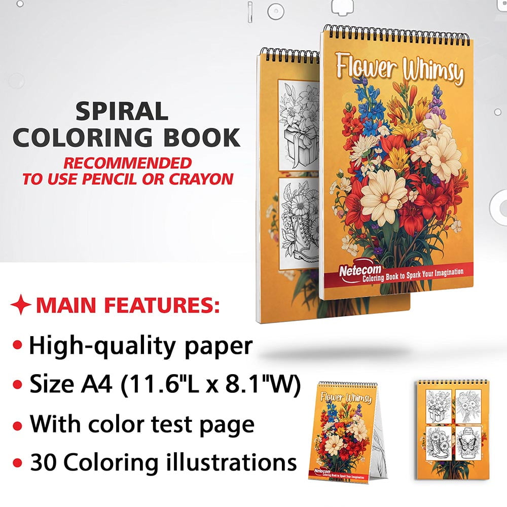 Netecom Flower Whimsy Coloring Book for Adults, Spiral Bound, Soft Cover