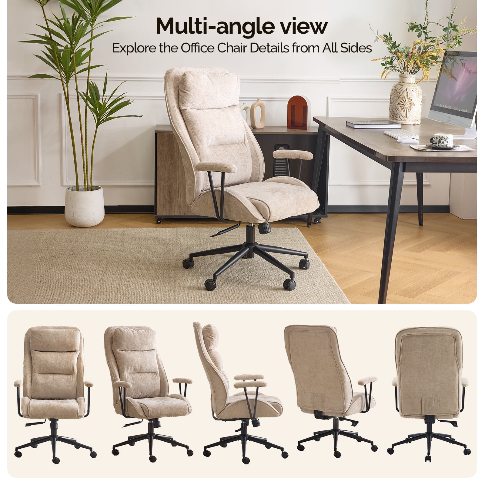 Ktaxon Office Gaming Chair High Back with Armrests – Adjustable Swivel Chair 360° Rotation 30° Recline Chenille Seat Star Base Wheels Light Khaki