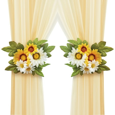 Bright White Curtains Bright Yellow and White Daisy Tie Backs with Greenery - Set of 2, Seasonal Home Accent for Any Curtains ()
