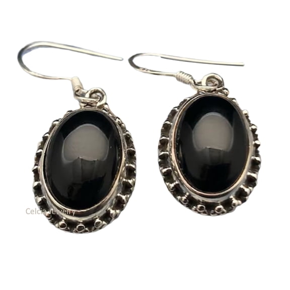 Solid 925 Sterling Silver Dangle Teardrop Earrings For Women, Natural Black Onyx Oval Gemstone Beautiful Handcrafted Statement Earrings