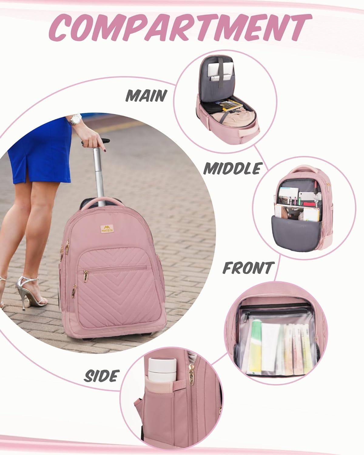 Matein Rolling Travel Backpack for Women, 17 inch Waterproof Carry on Luggage Bag with Wheels , Pink