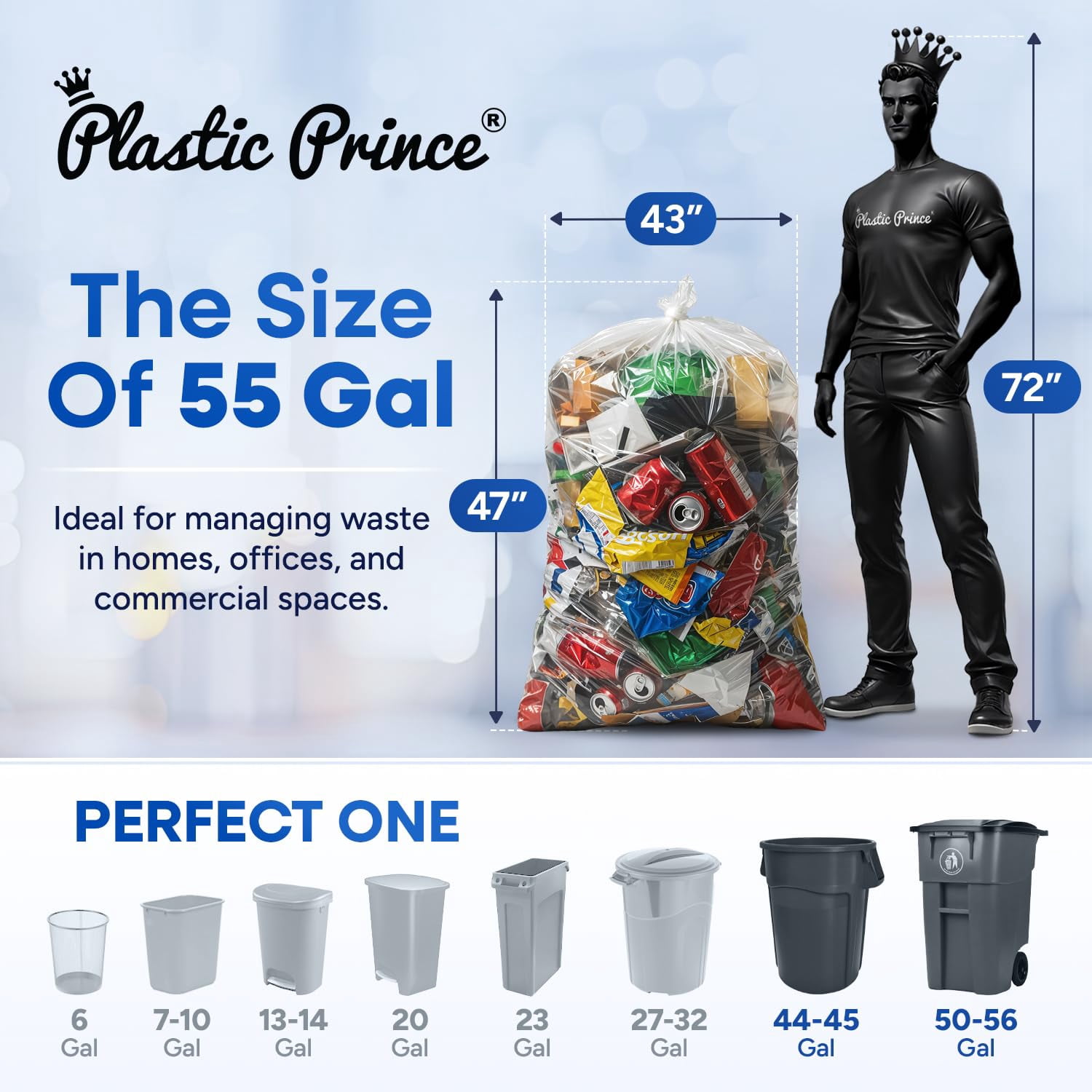 (100 Pack) 55-60 Gallon Trash Bags, 2 Mil, Heavy Duty, Fit Rubbermaid Brute Rollout, Round and Square 32-55 gal Trash Cans, 43" x 47" Large Durable Garbage Trash Can Liners, Bulk (2 Mil Clear)