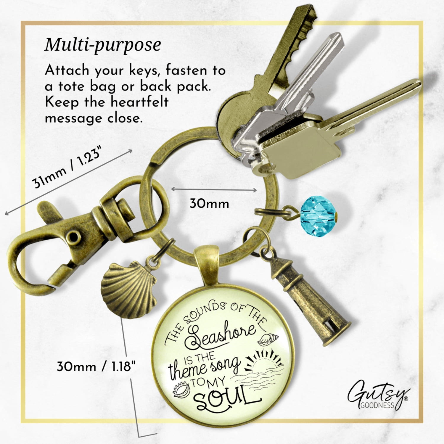 Beach Gutsy Goodness Bronze Keychain Sounds of Seashore Nautical Ocean Theme Jewelry Lighthouse Shell