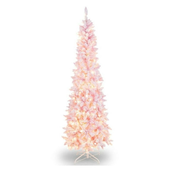 Yunken 7 Feet Pre-Lit Snow Flocked Hinged Pencil Christmas Tree with 300 LED Lights and 8 Lighting Modes, Easy Setup