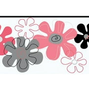 879263 Flower Power Pink, Black, Silver Wallpaper Border