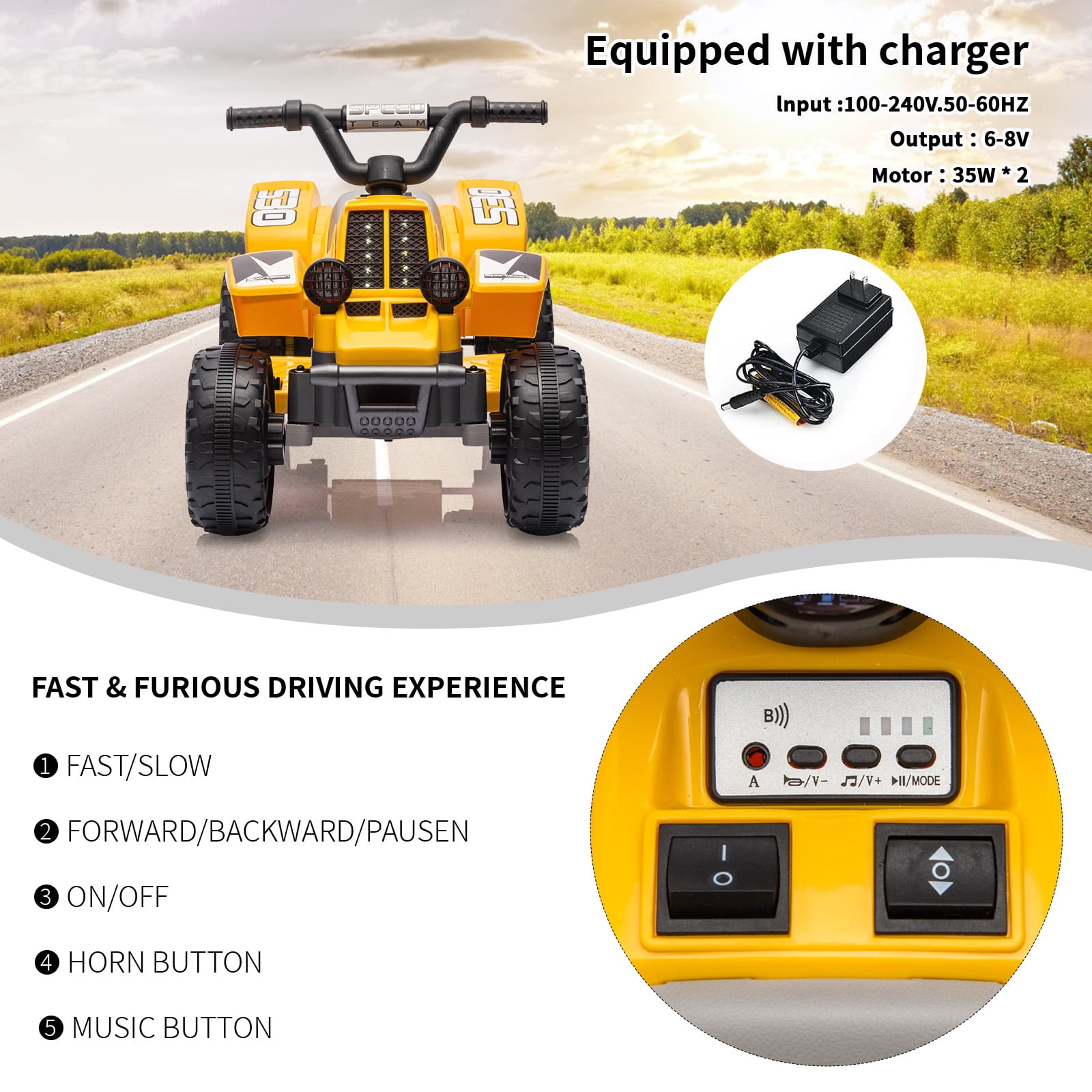 Telyswee 6V Kids Ride On Car, 4-Wheeler Quad ATV Play Car for Kids, 1.76MPH Max Speed, Ride On Toy for Boys & Girls Gift, Rubber Handles, Push-Button Accelerator