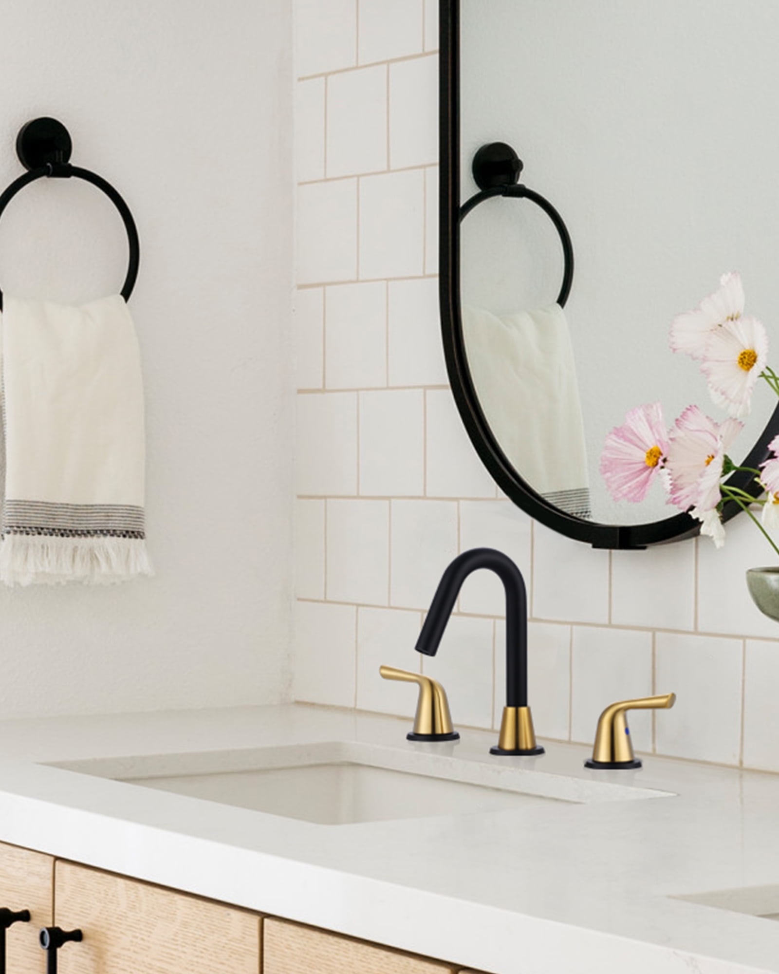 WOWOW Widespread Bathroom Faucets for Sink 3 Hole Black & Gold, 8 inch Bathroom Faucet with Pop Up Drain Assembly and Water Supply Lines 2 Handle 360° Swivel Spout Basin Faucets for Vanity Lavatory