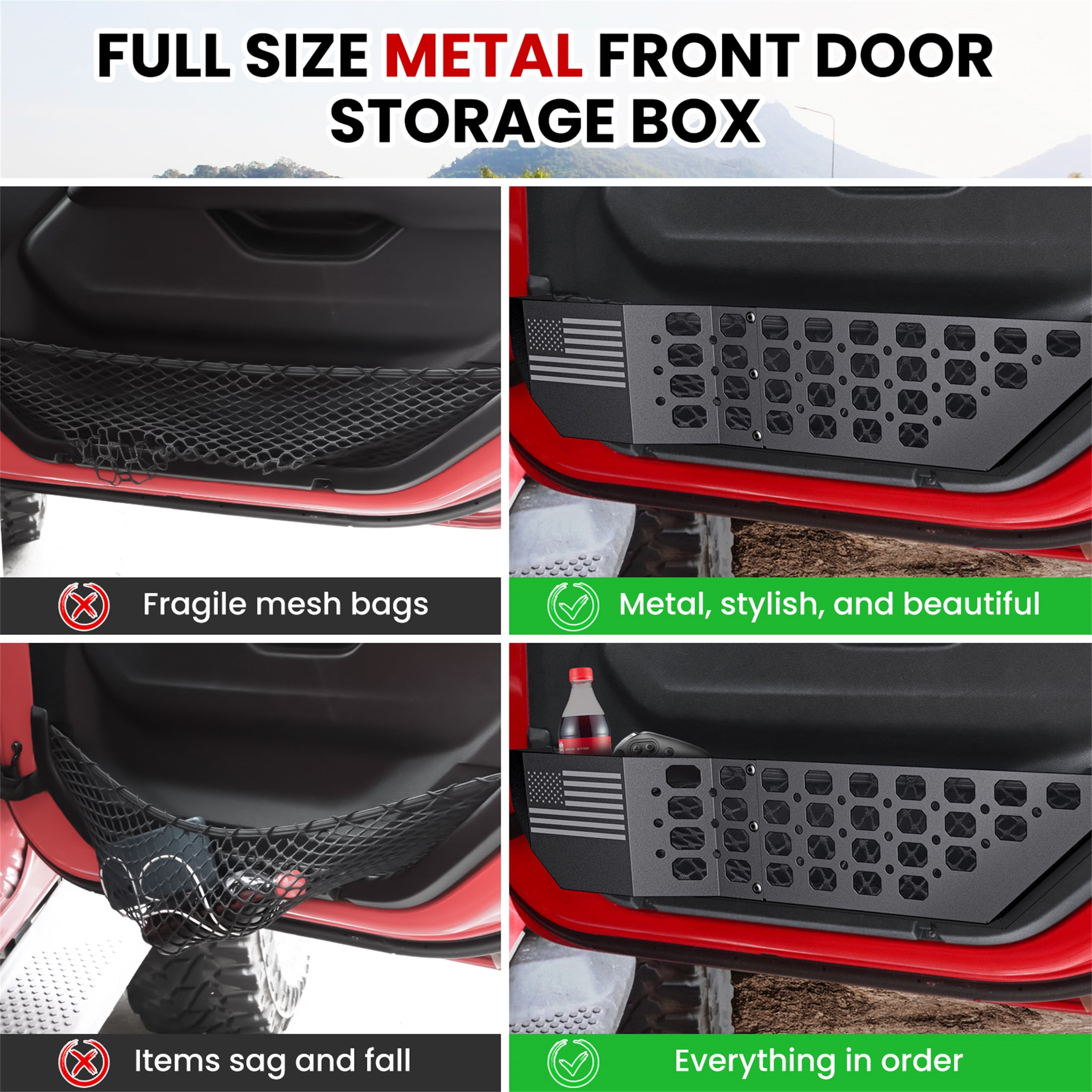 DIAMOOKY Front Door Pocket Storage Box for Jeep Wrangler JL JLU 4XE 2018-2025 & Gladiator JT 2020-2022 2023 2024 2025, 2PCS - Front Door Flag