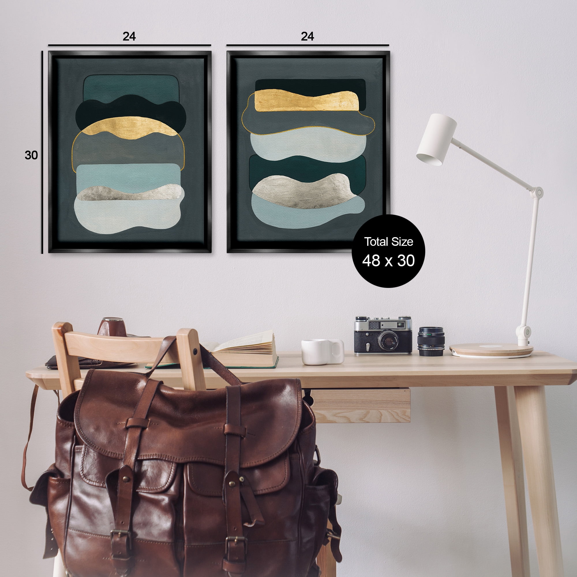 Stupell Industries Shapes with Glam Details Abstract Painting Black Floater Framed Canvas Art Print Wall Art, 25 x 31, Set of 2