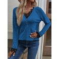 thumbnail image 3 of Camiseta de encaje con cuello en V para mujer, remera informal de Color sólido, Jersey holgado elegante, camisetas de manga larga 2022, 3 of 4