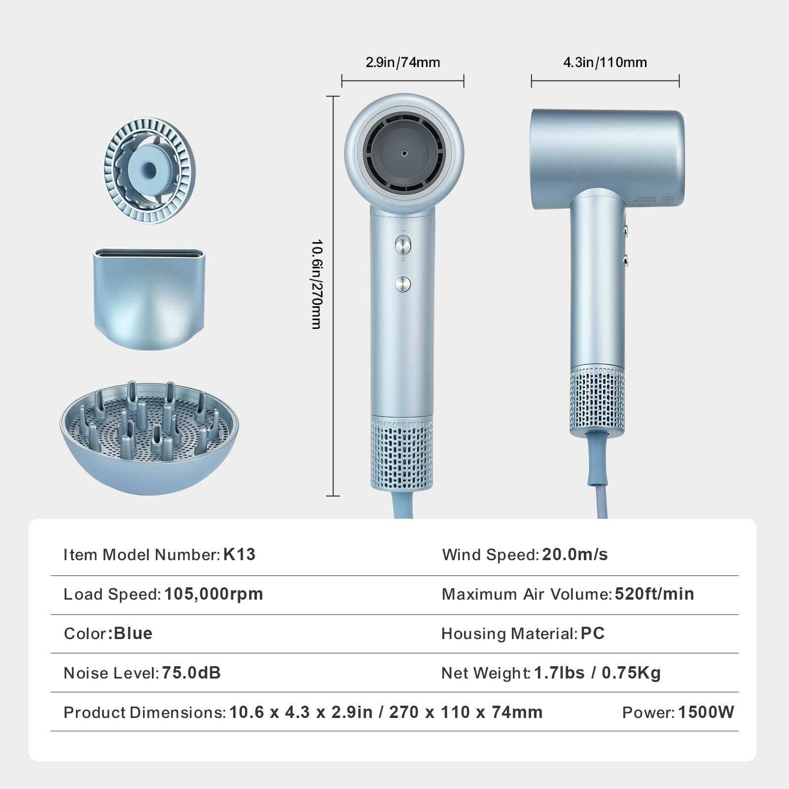 KFFKFF Fast Hair Dryer featuring a 105,000RPM Brushless Motor, generates 200 Million Negative Ions, offers 4 Temperature Settings & 3 Speeds, includes an LCD Display for Heat Monitoring