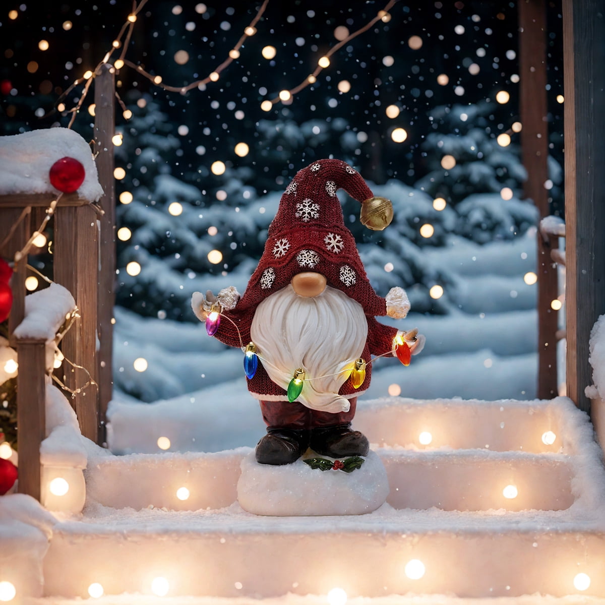 Teresa's Collections 8.86'' Gnome Garden Statue, Solar Gnome Garden Statue Christmas Decor with Snowflake Hat Solar Lights for Yard Patio Garden Decor